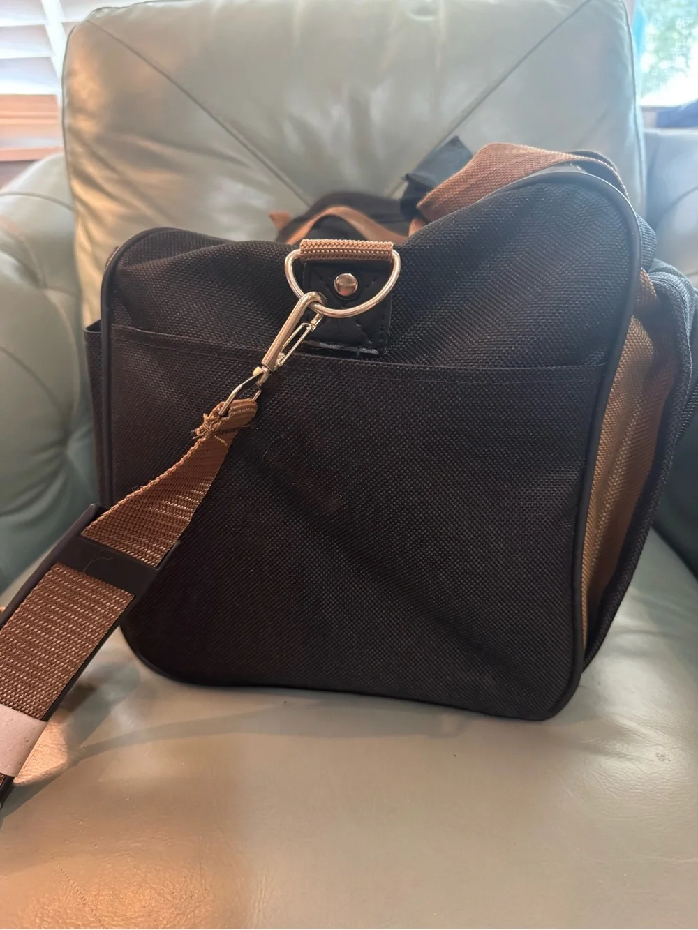 Chaps Black Duffel Bag with Tan Trim shoulder strap and double handle